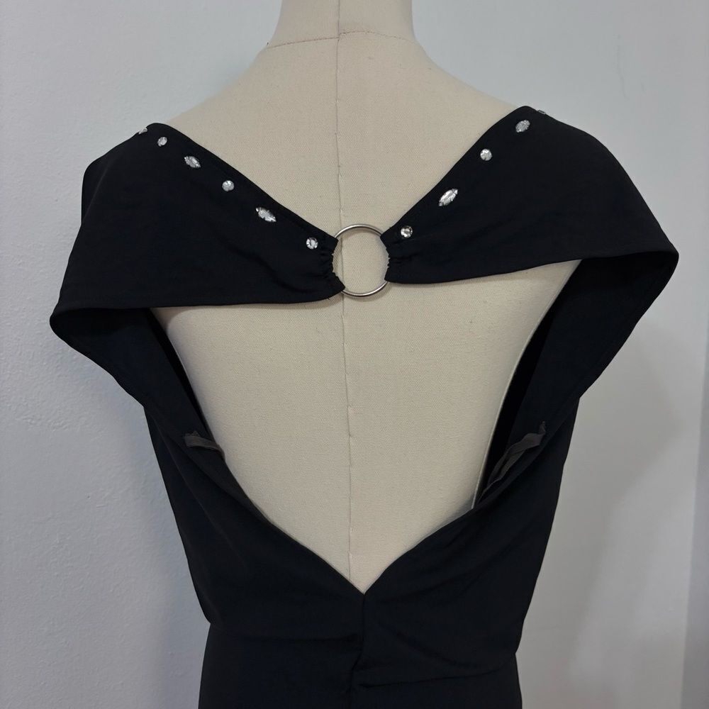Vtg Nom De Plume Black Mesh Maxi Dress M Whimsigoth Rhinestone Cowl Neck Goth - Picture 11 of 15